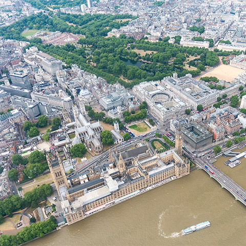 Aerial view of London including the Houses of Parliament, Buckingham Palace and Westminster Abbey