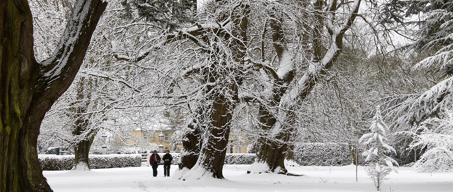 Photo of two people walking through the snow-covered gardens at Osborne on the Isle of Wight